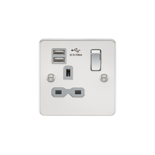 ML ACCESSORIES Flat Plate 13A 1G Switched Socket With Dual Usb Charger Polished Chrome With