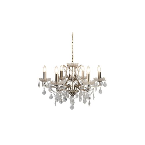 Searchlight 6 Light Chandelier, Clear Crystal Drops & Trim, Antique Brass Metal Finish