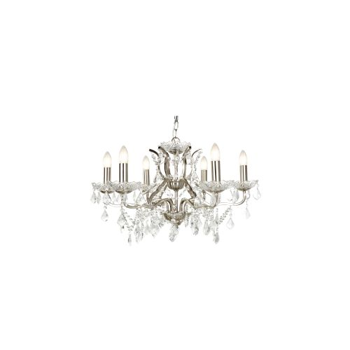 Searchlight 6 Light Chandelier, Clear Crystal Drops & Trim, Satin Silver Metal Finish
