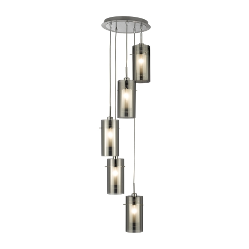 Duo 2 Chrome 5 Light Multidrop Pendant With Smoked Glass Cylinder Shades