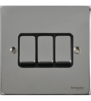 Scheider Electric Ulp Polished Chrome Black Insert 3 Gang 2 Way 16AX Plate Switch 