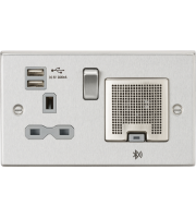 Knightsbridge 13a Socket, Usb Chargers (2.4a), & Bluetooth Speaker - Square Edge Brushed Chrome With Grey Insert