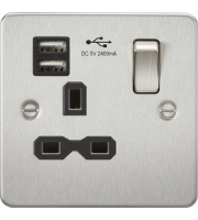 Knightsbridge Flat Plate 13a 1g Switched Socket With Dual Usb Charger (2.4a) - Brushed Chrome With Black Insert