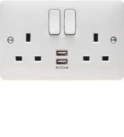 Hager 2 Gang Double Pole Switched Socket Dual Earth with USB (White)