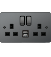 Hager 13A 2 Gang Double Pole Switched Socket c/w Twin USB Ports (Black Nickel Black)