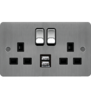 Hager 13A 2 Gang Double Pole Switched Socket c/w Twin USB Ports (Brushed Steel Black)