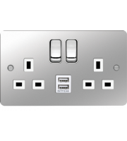 Hager 13A 2 Gang Double Pole Switched Socket c/w Twin USB Ports (Polished Steel White)